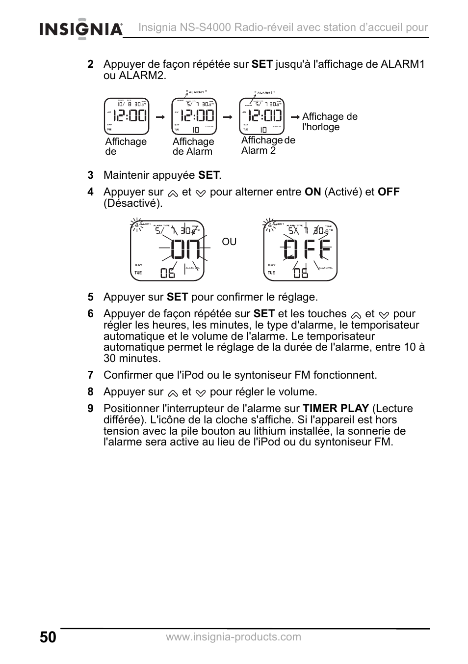 3 maintenir appuyée set, 5 appuyer sur set pour confirmer le réglage, 8 appuyer sur et pour régler le volume | Insignia NS-S4000 User Manual | Page 50 / 94