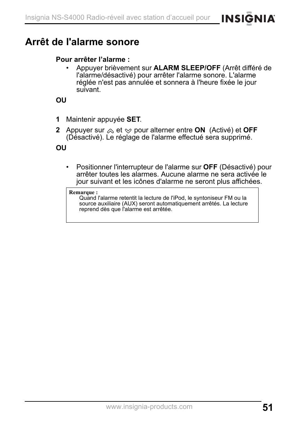 Arrêt de l'alarme sonore, 1 maintenir appuyée set | Insignia NS-S4000 User Manual | Page 51 / 94
