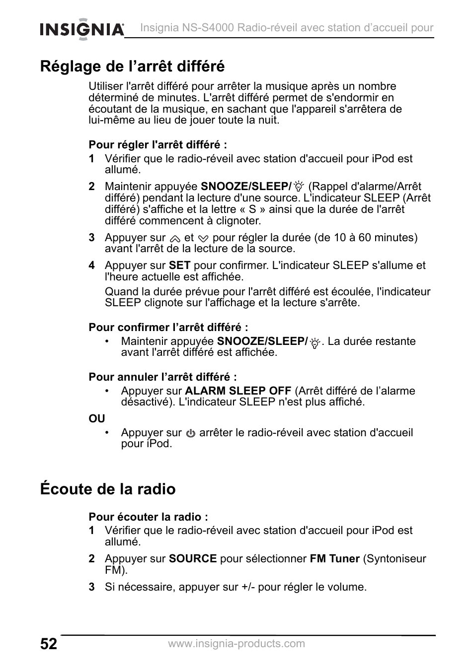 Réglage de l’arrêt différé, Écoute de la radio | Insignia NS-S4000 User Manual | Page 52 / 94