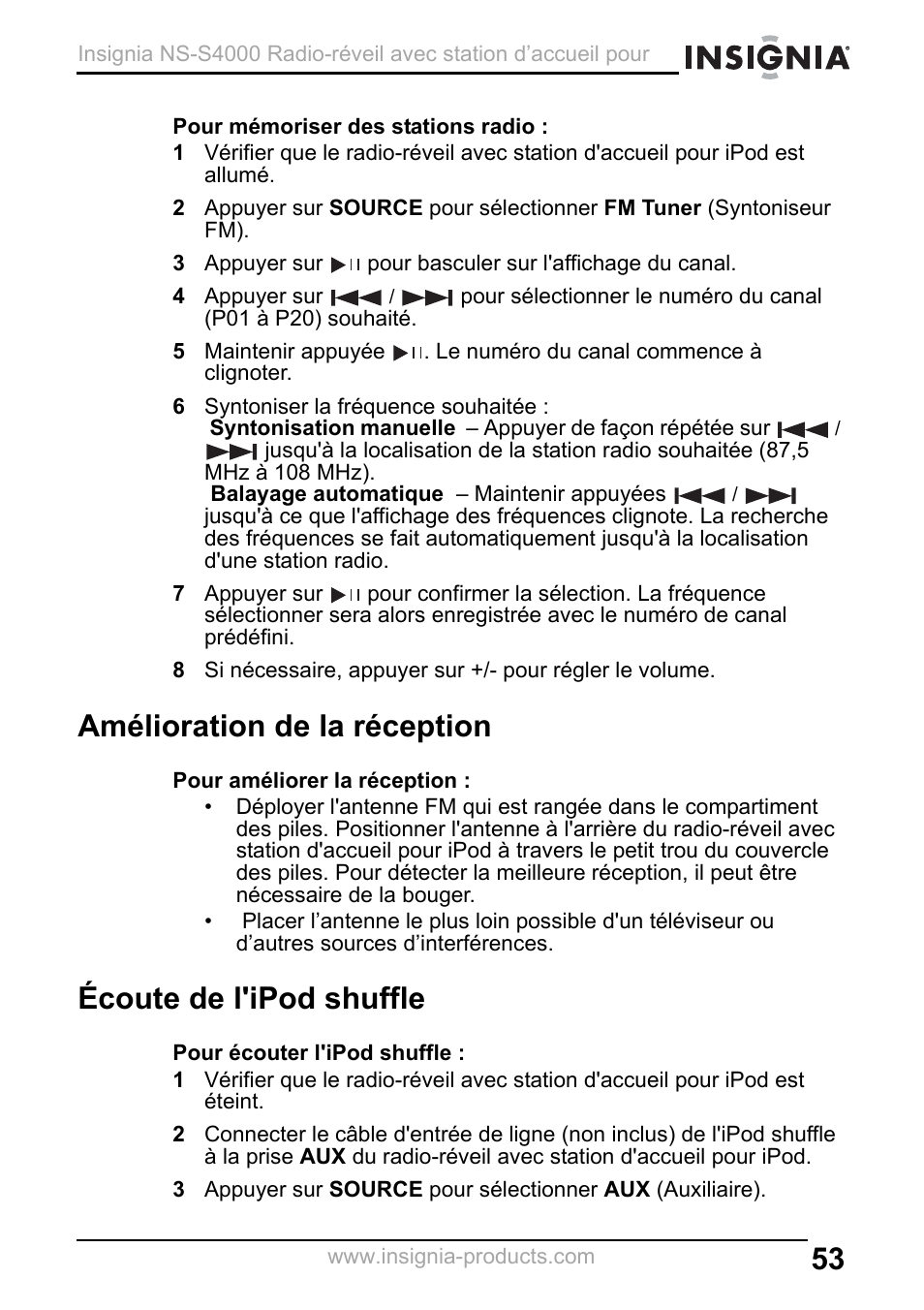 Amélioration de la réception, Écoute de l'ipod shuffle | Insignia NS-S4000 User Manual | Page 53 / 94