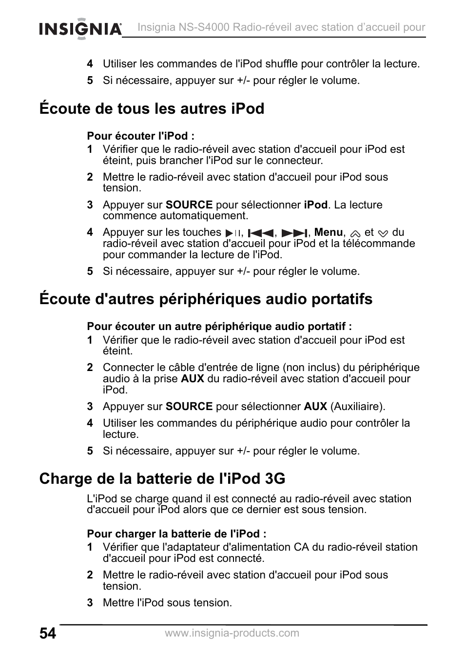Écoute de tous les autres ipod, Écoute d'autres périphériques audio portatifs, Charge de la batterie de l'ipod 3g | 3 mettre l'ipod sous tension | Insignia NS-S4000 User Manual | Page 54 / 94