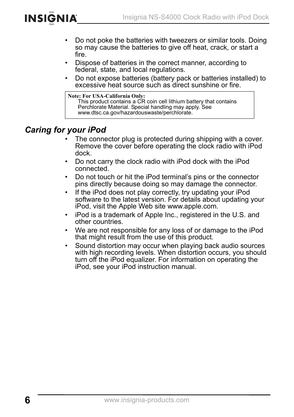 Caring for your ipod | Insignia NS-S4000 User Manual | Page 6 / 94