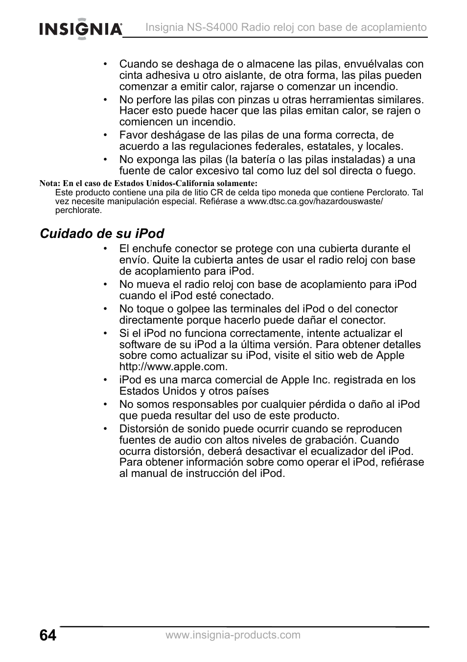 Cuidado de su ipod | Insignia NS-S4000 User Manual | Page 64 / 94