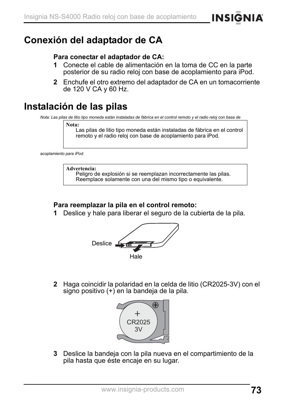 Conexión del adaptador de ca, Instalación de las pilas | Insignia NS-S4000 User Manual | Page 73 / 94