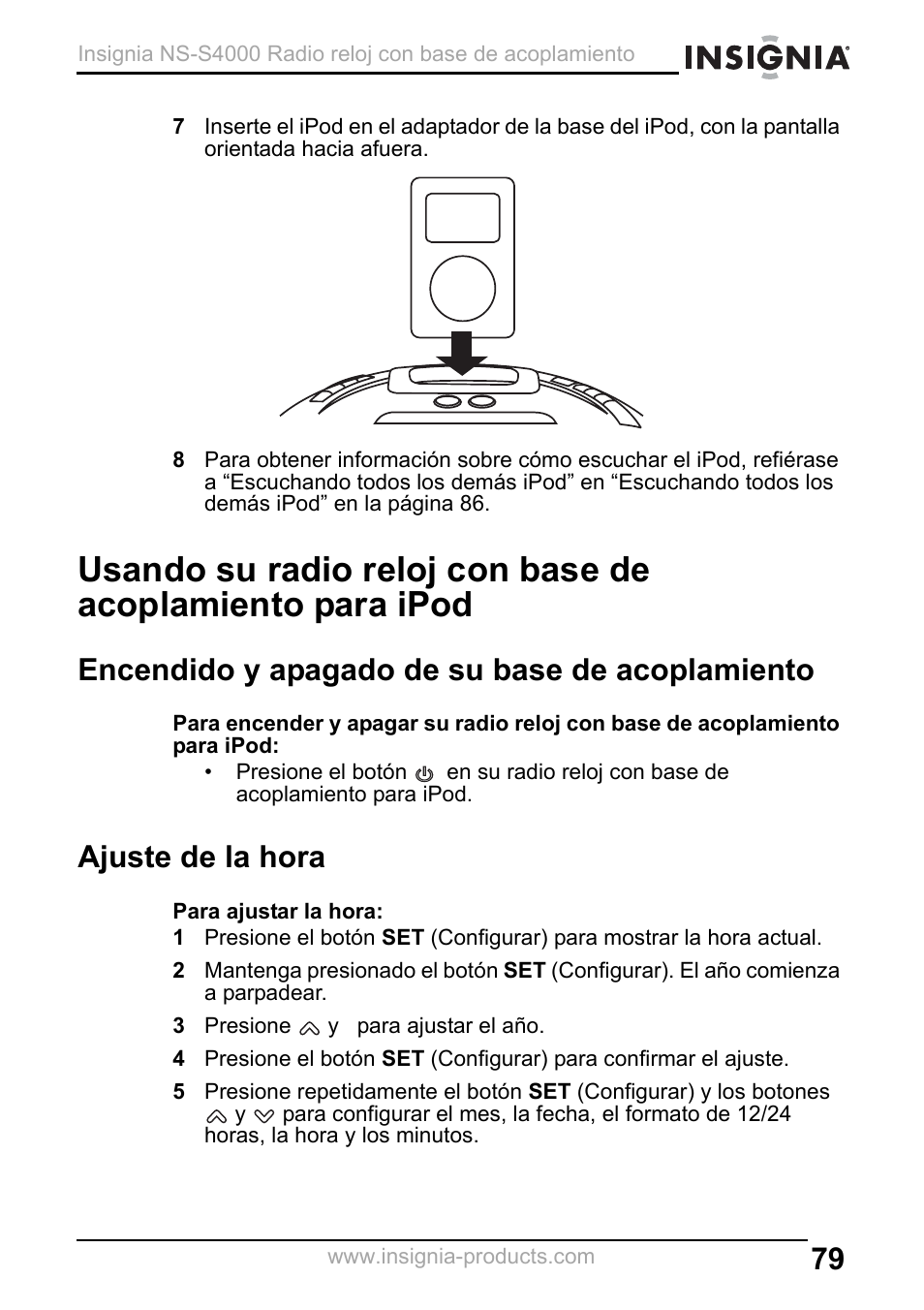 Encendido y apagado de su base de acoplamiento, Ajuste de la hora, 3 presione y para ajustar el año | Insignia NS-S4000 User Manual | Page 79 / 94