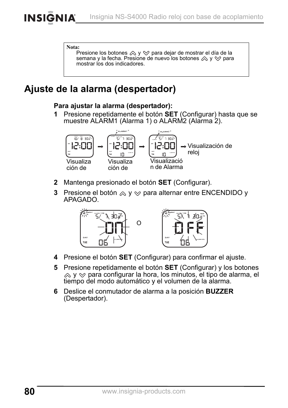Ajuste de la alarma (despertador), 2 mantenga presionado el botón set (configurar) | Insignia NS-S4000 User Manual | Page 80 / 94