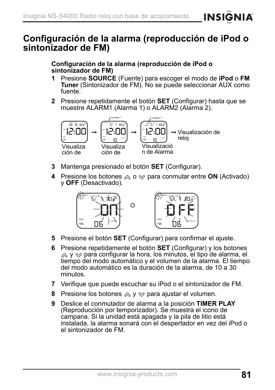 3 mantenga presionado el botón set (configurar), 8 presione los botones y para ajustar el volumen | Insignia NS-S4000 User Manual | Page 81 / 94