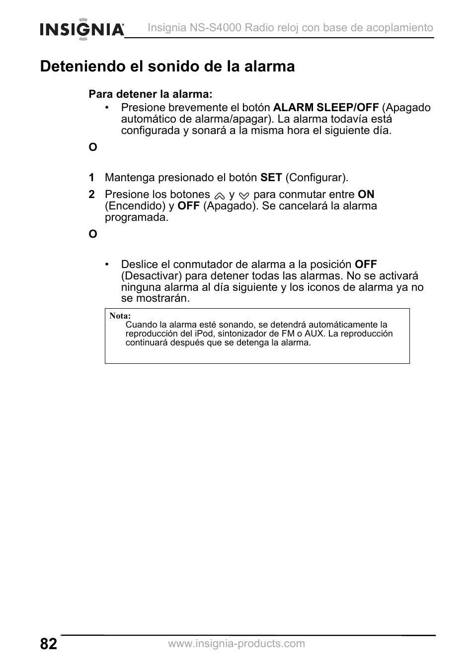 Deteniendo el sonido de la alarma, 1 mantenga presionado el botón set (configurar) | Insignia NS-S4000 User Manual | Page 82 / 94