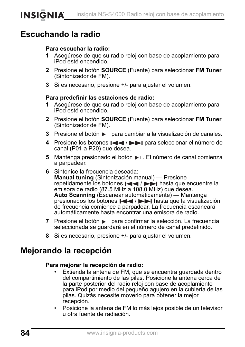 Escuchando la radio, Mejorando la recepción | Insignia NS-S4000 User Manual | Page 84 / 94