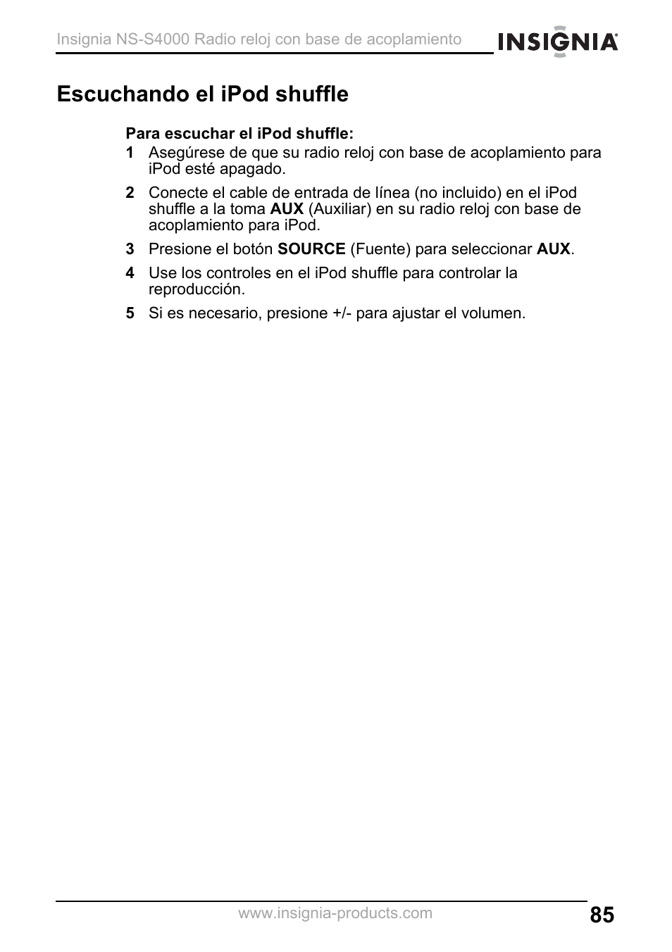 Escuchando el ipod shuffle | Insignia NS-S4000 User Manual | Page 85 / 94