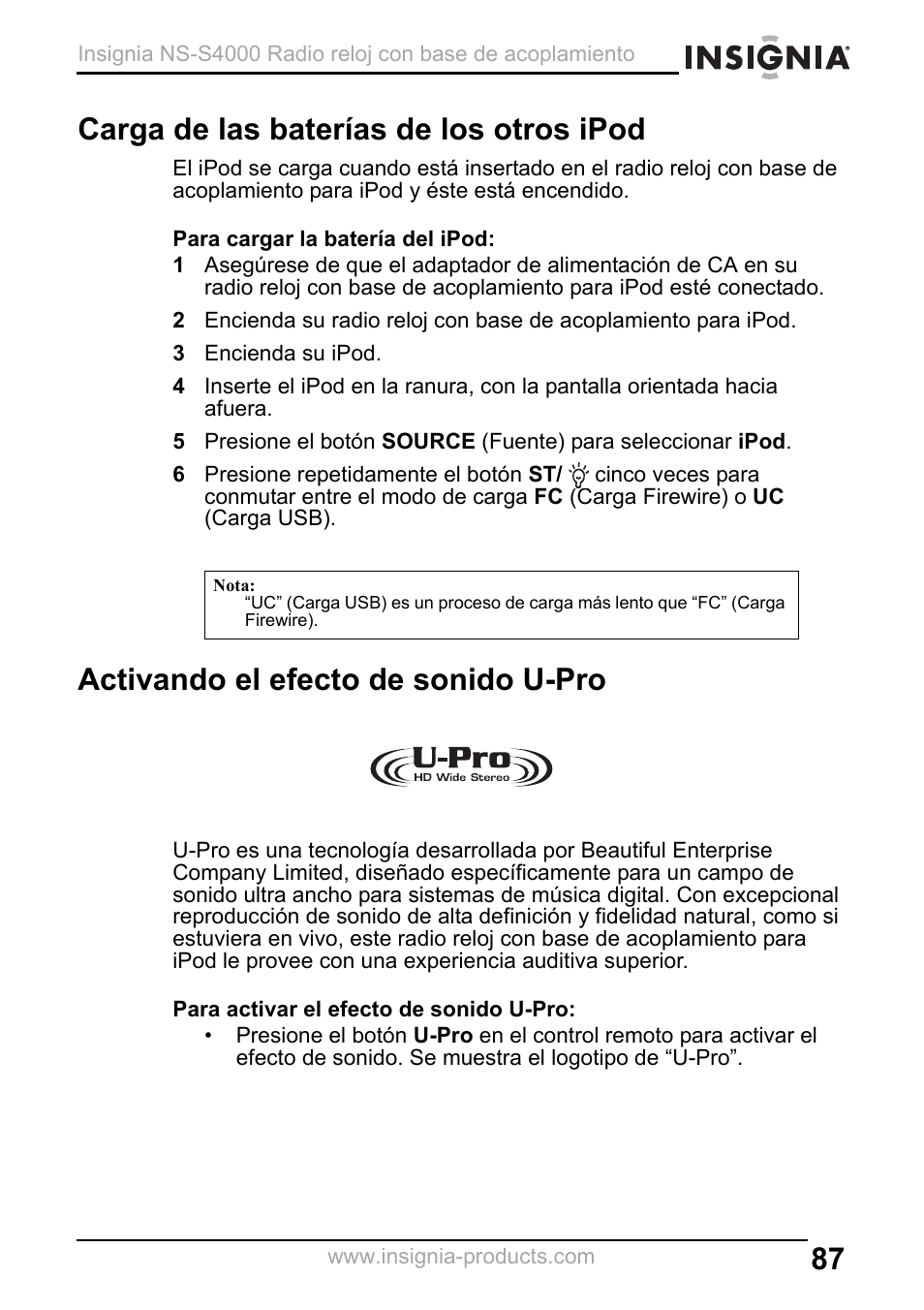 Carga de las baterías de los otros ipod, 3 encienda su ipod, Activando el efecto de sonido u-pro | Insignia NS-S4000 User Manual | Page 87 / 94