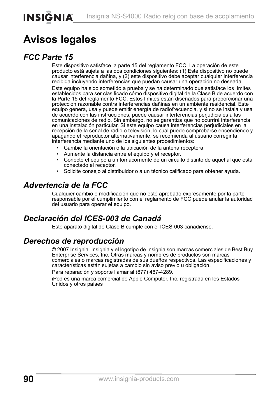 Avisos legales, Fcc parte 15, Advertencia de la fcc | Declaración del ices-003 de canadá, Derechos de reproducción | Insignia NS-S4000 User Manual | Page 90 / 94