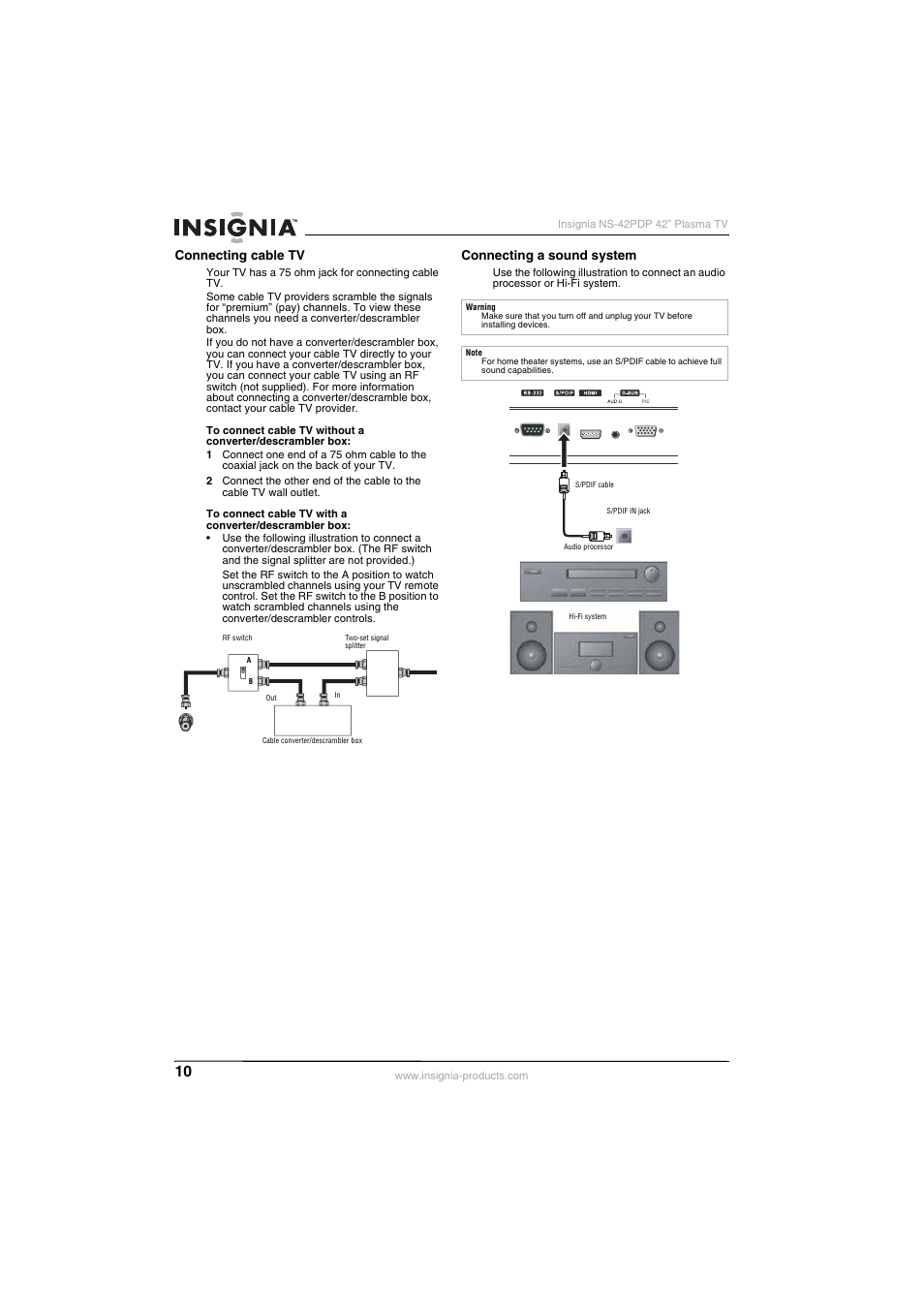 Connecting cable tv, Connecting a sound system | Insignia NS-42PDP User Manual | Page 10 / 88