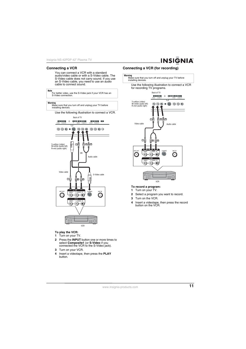 Connecting a vcr, Connecting a vcr (for recording) | Insignia NS-42PDP User Manual | Page 11 / 88