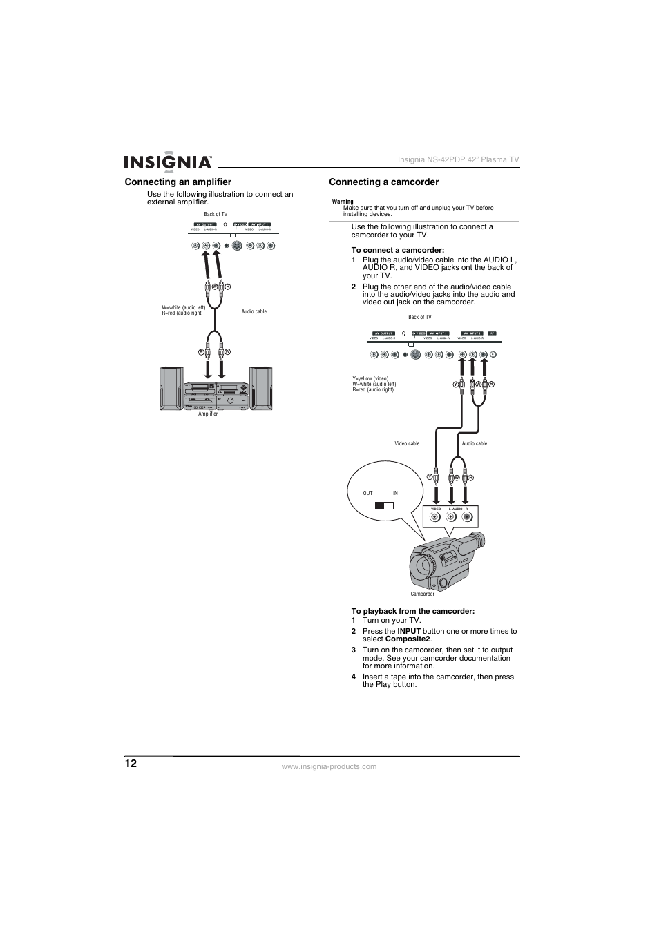 Connecting an amplifier, Connecting a camcorder | Insignia NS-42PDP User Manual | Page 12 / 88