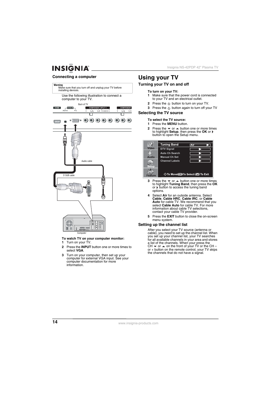 Using your tv | Insignia NS-42PDP User Manual | Page 14 / 88