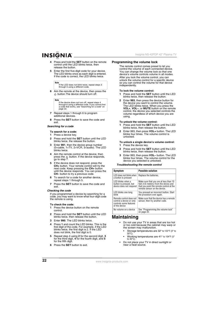 Maintaining | Insignia NS-42PDP User Manual | Page 22 / 88