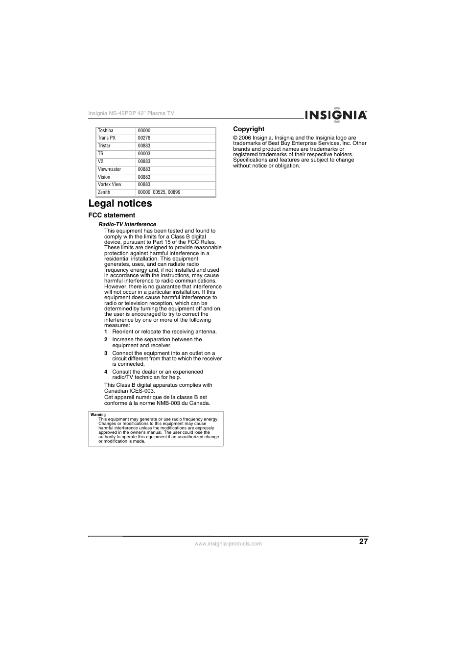 Legal notices | Insignia NS-42PDP User Manual | Page 27 / 88