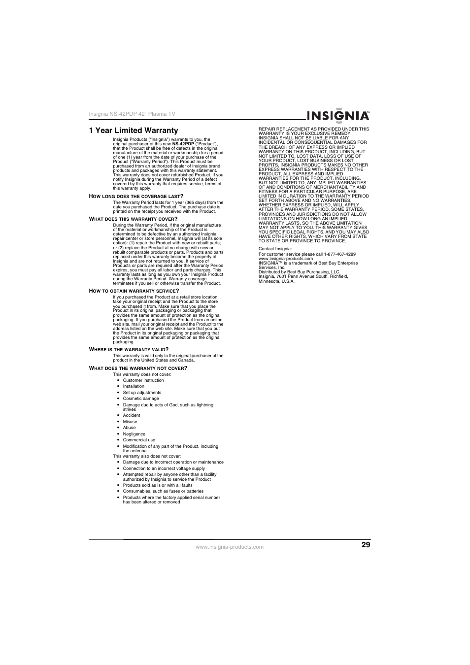 1 year limited warranty | Insignia NS-42PDP User Manual | Page 29 / 88