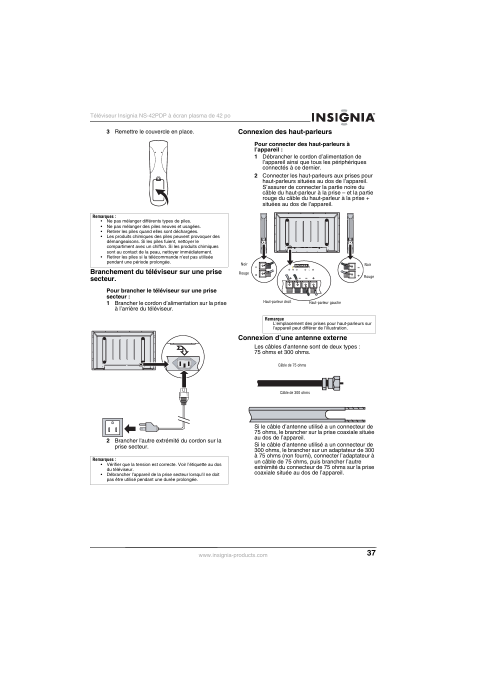 Branchement du téléviseur sur une prise secteur, Connexion des haut-parleurs, Connexion d’une antenne externe | Insignia NS-42PDP User Manual | Page 37 / 88