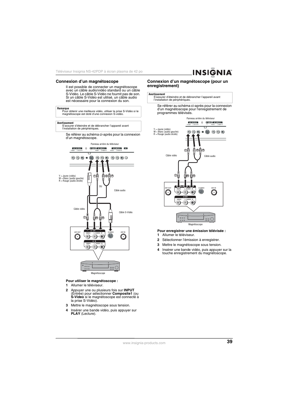 Connexion d’un magnétoscope | Insignia NS-42PDP User Manual | Page 39 / 88