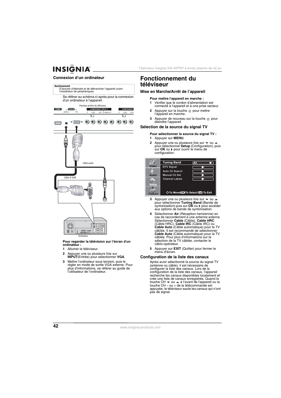 Fonctionnement du téléviseur | Insignia NS-42PDP User Manual | Page 42 / 88