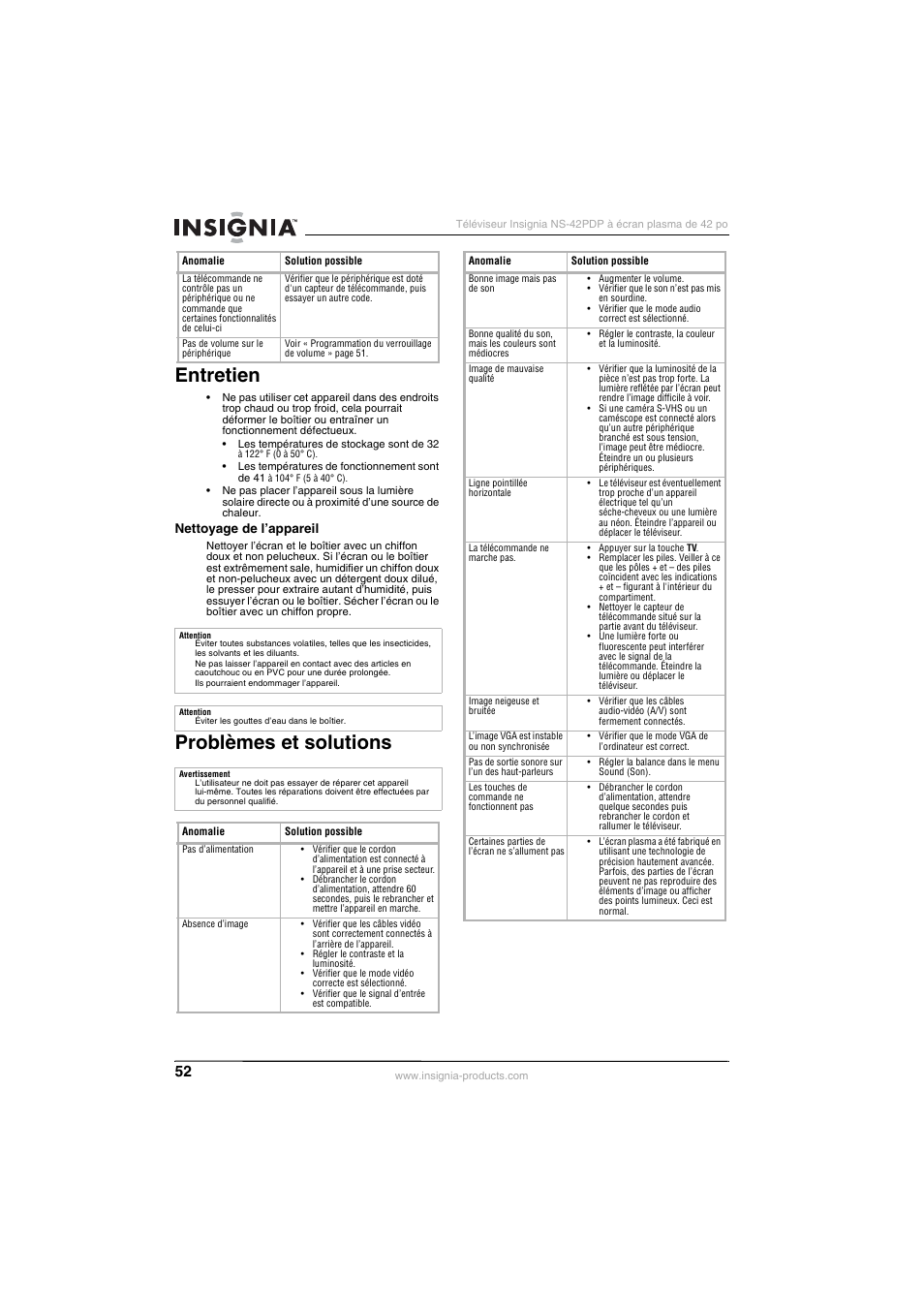 Entretien, Problèmes et solutions | Insignia NS-42PDP User Manual | Page 52 / 88