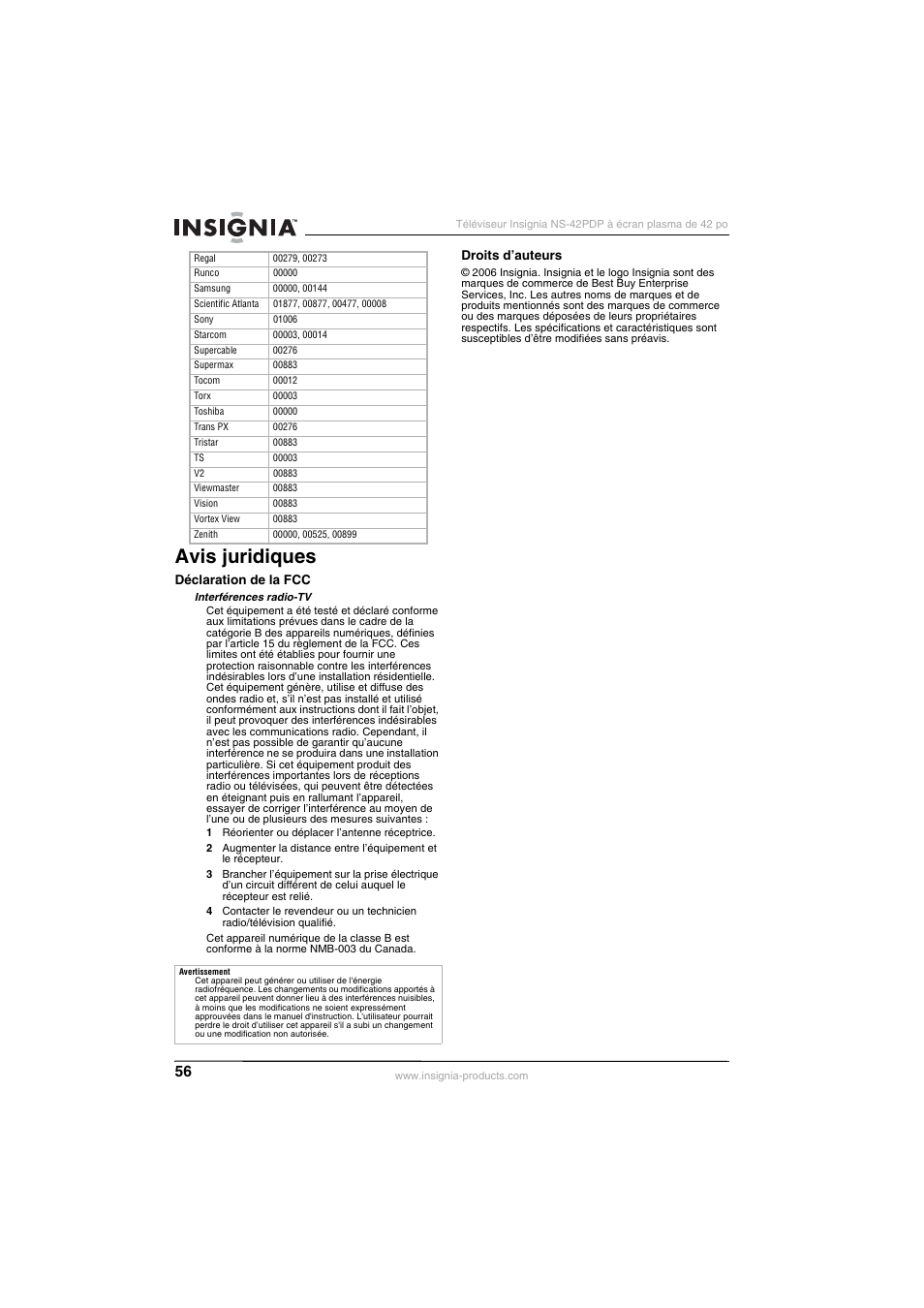 Avis juridiques | Insignia NS-42PDP User Manual | Page 56 / 88