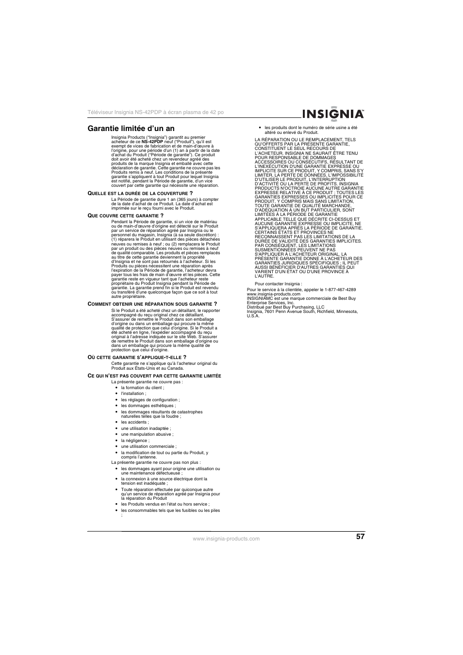 Garantie limitée d’un an | Insignia NS-42PDP User Manual | Page 57 / 88