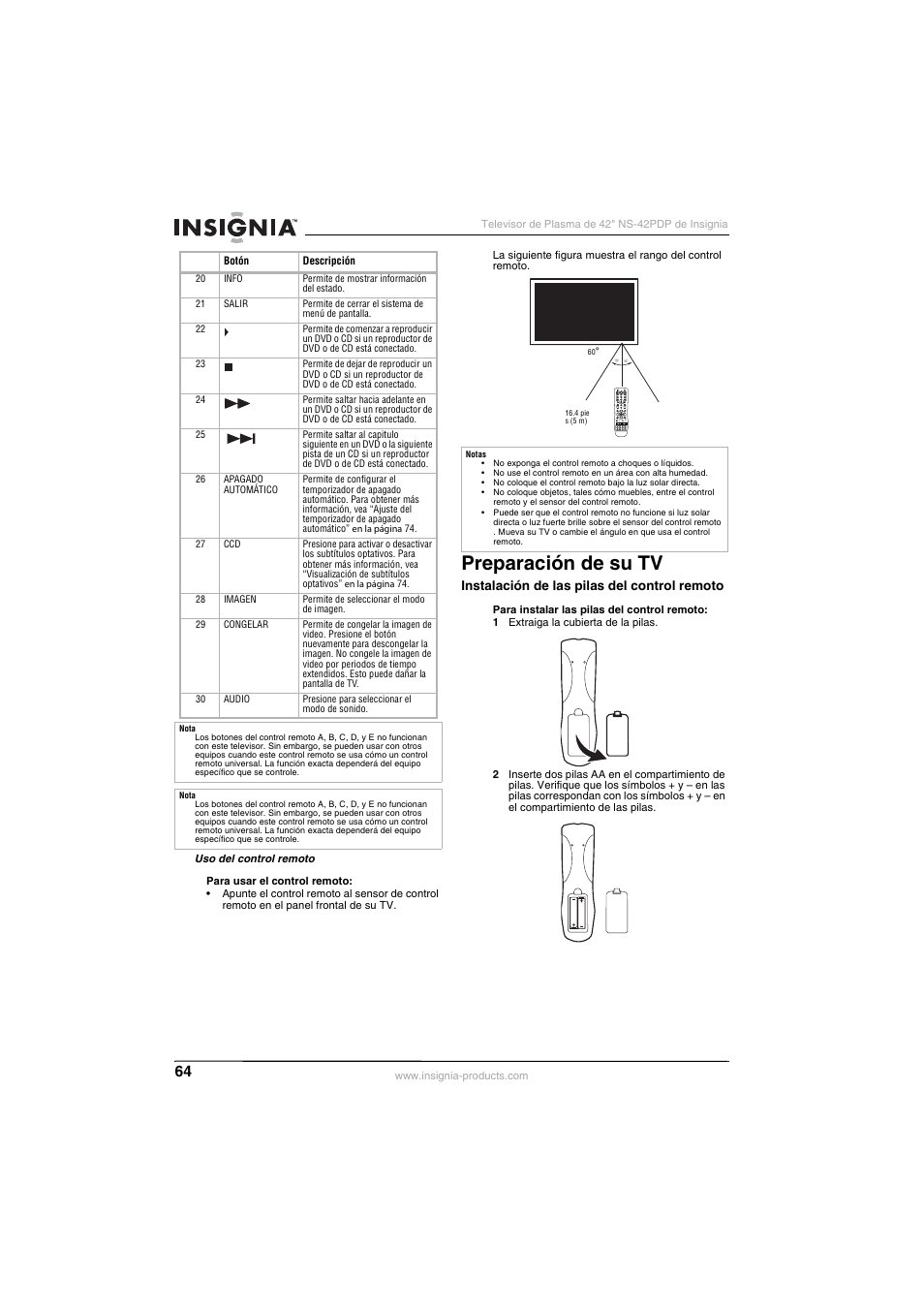 Preparación de su tv, 0mts/sap zoom ccd sleep audio picture freeze | Insignia NS-42PDP User Manual | Page 64 / 88