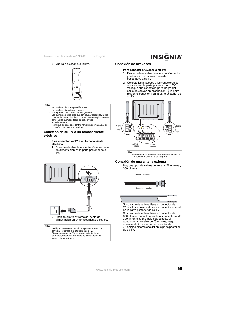 Conexión de su tv a un tomacorriente eléctrico, Conexión de altavoces, Conexión de una antena externa | Insignia NS-42PDP User Manual | Page 65 / 88