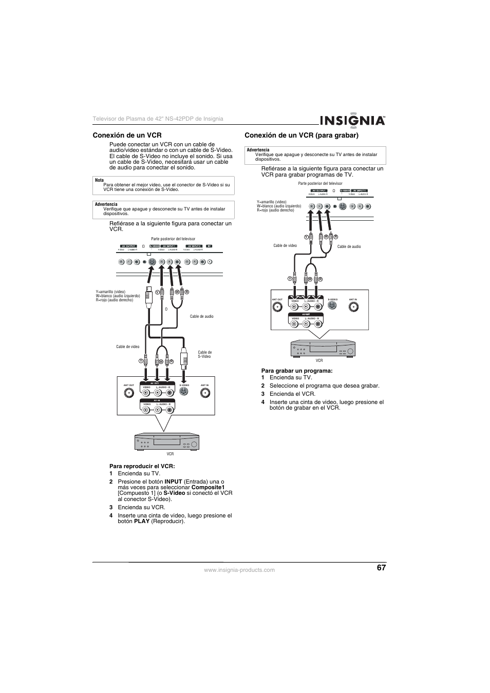 Conexión de un vcr, Conexión de un vcr (para grabar) | Insignia NS-42PDP User Manual | Page 67 / 88