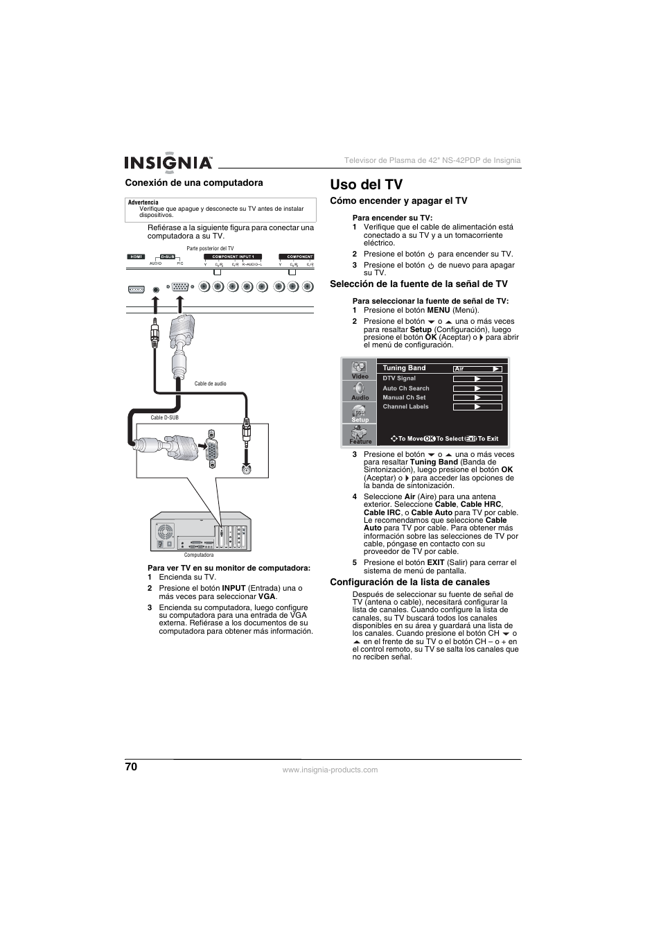 Uso del tv | Insignia NS-42PDP User Manual | Page 70 / 88