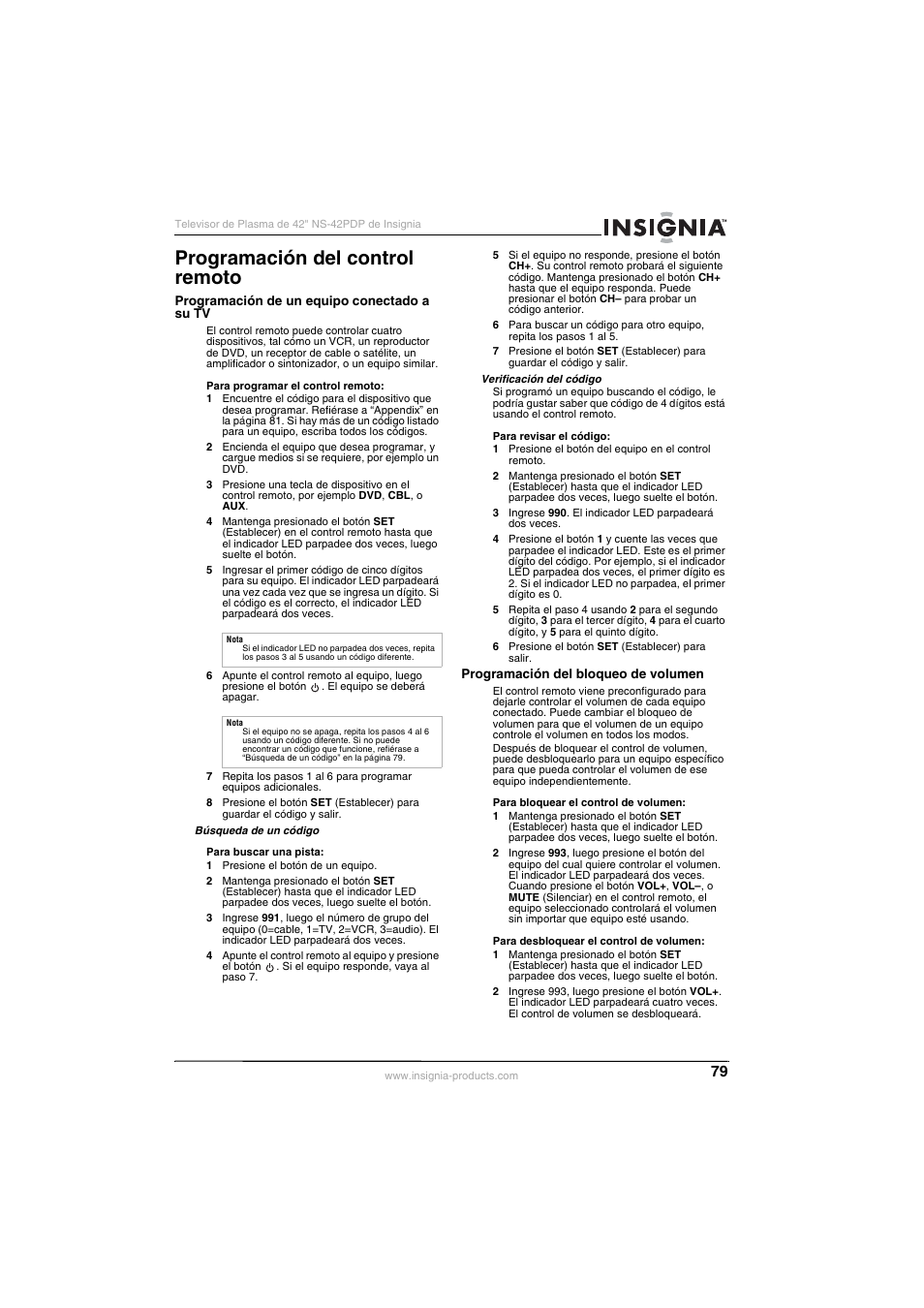 Programación del control remoto | Insignia NS-42PDP User Manual | Page 79 / 88