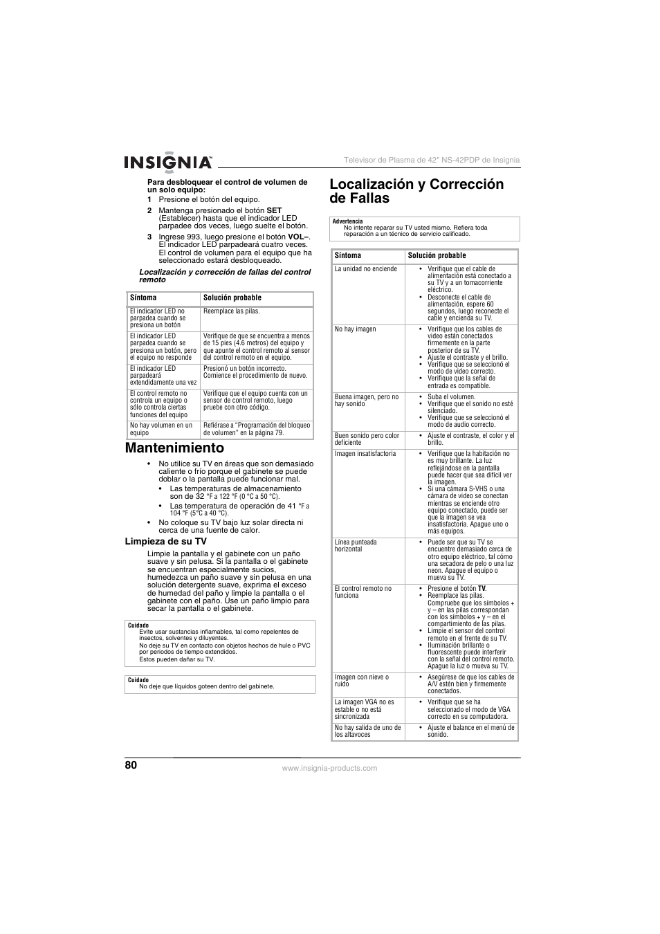 Mantenimiento, Localización y corrección de fallas | Insignia NS-42PDP User Manual | Page 80 / 88