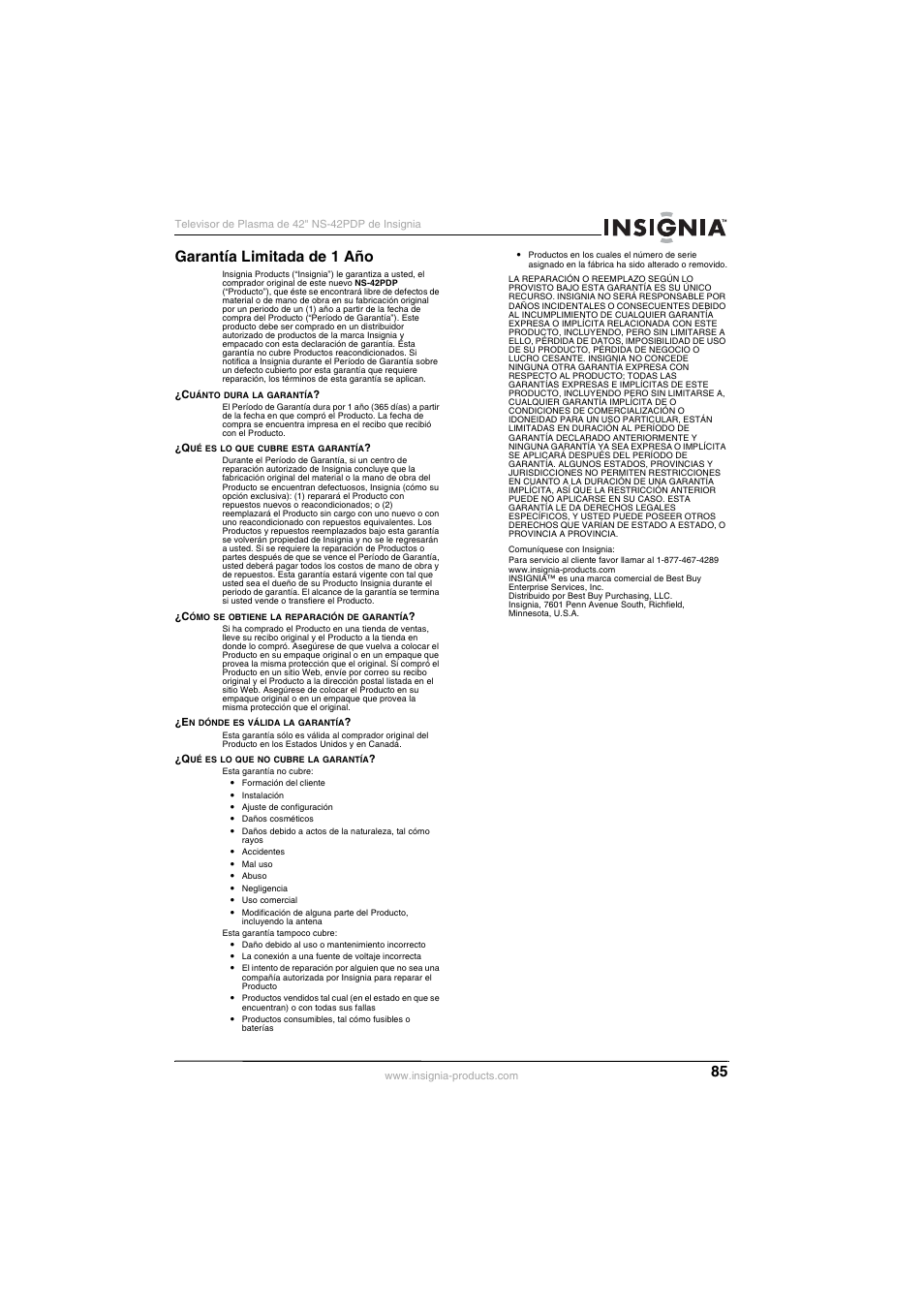 Garantía limitada de 1 año | Insignia NS-42PDP User Manual | Page 85 / 88