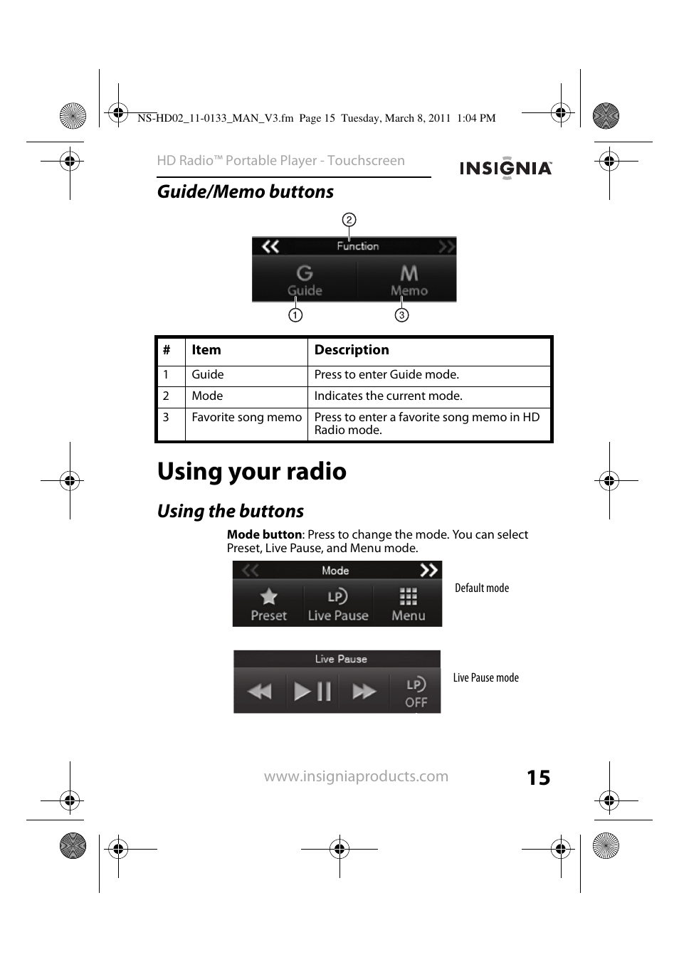 Guide/memo buttons, Using your radio, Using the buttons | Insignia NS-HD02 User Manual | Page 15 / 52