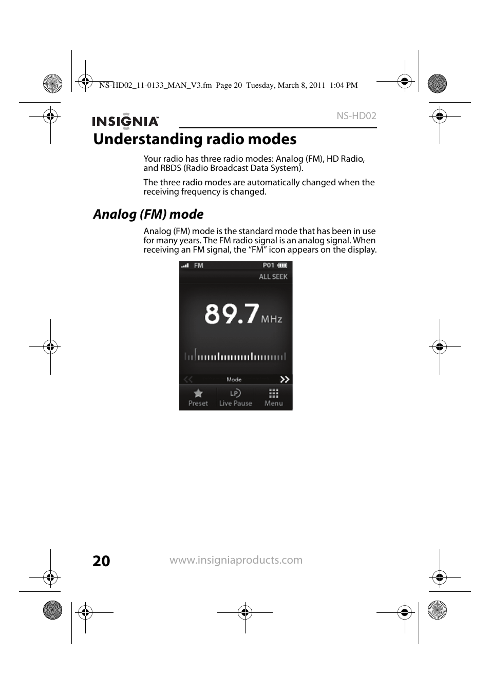 Understanding radio modes, Analog (fm) mode | Insignia NS-HD02 User Manual | Page 20 / 52