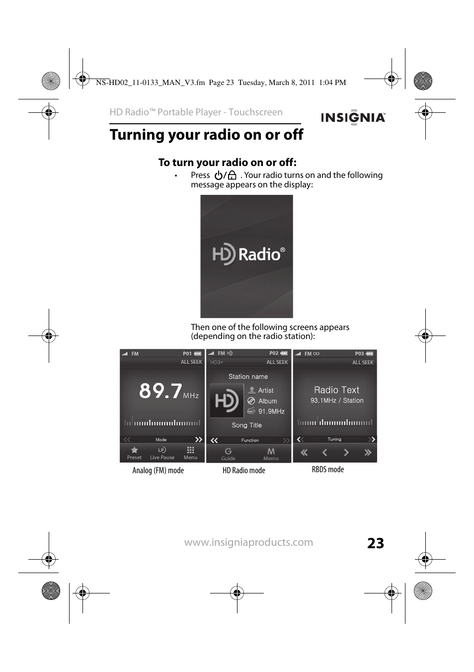 Turning your radio on or off, To turn your radio on or off, See “turning your radio on or off” on | Insignia NS-HD02 User Manual | Page 23 / 52