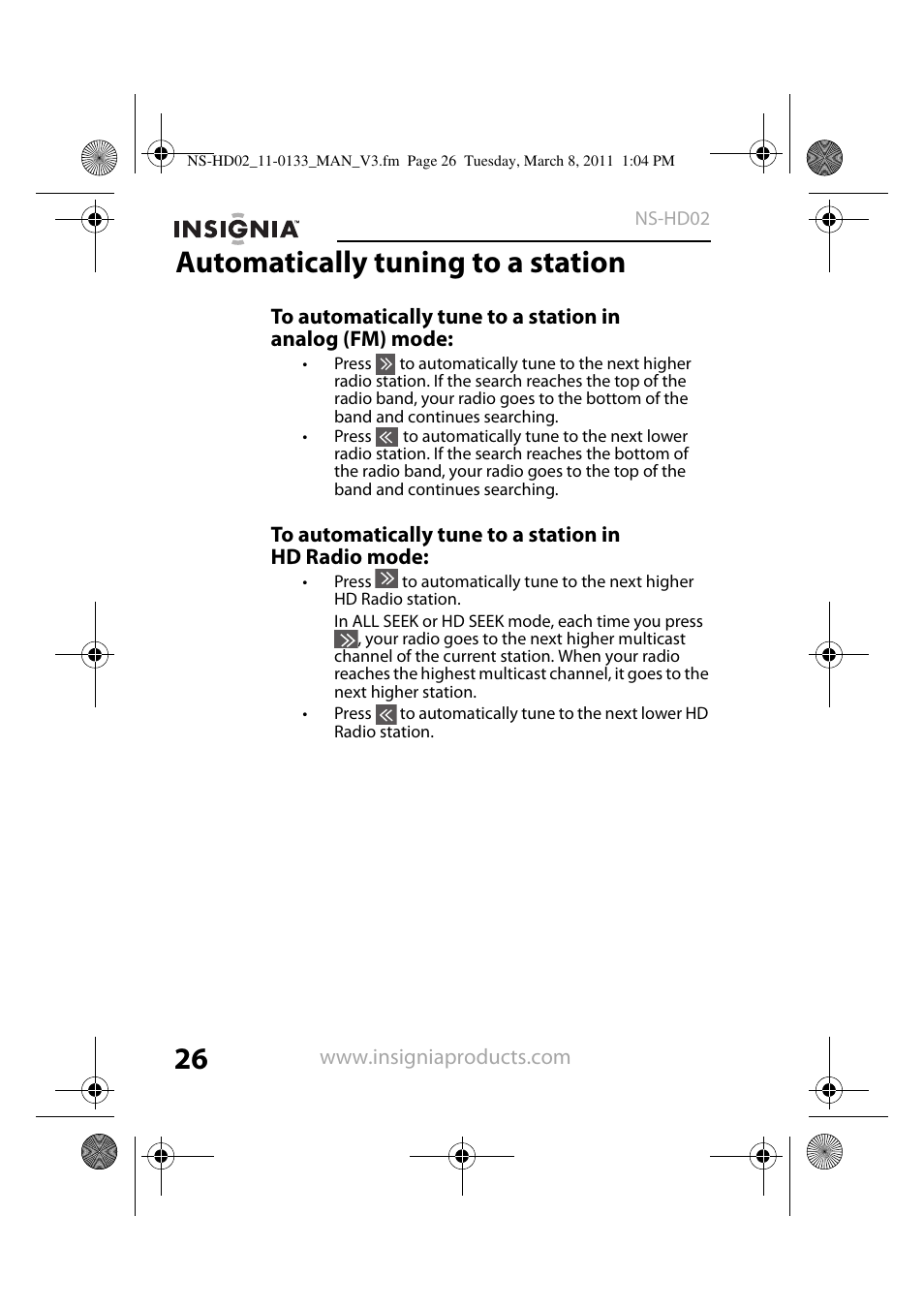 Automatically tuning to a station | Insignia NS-HD02 User Manual | Page 26 / 52