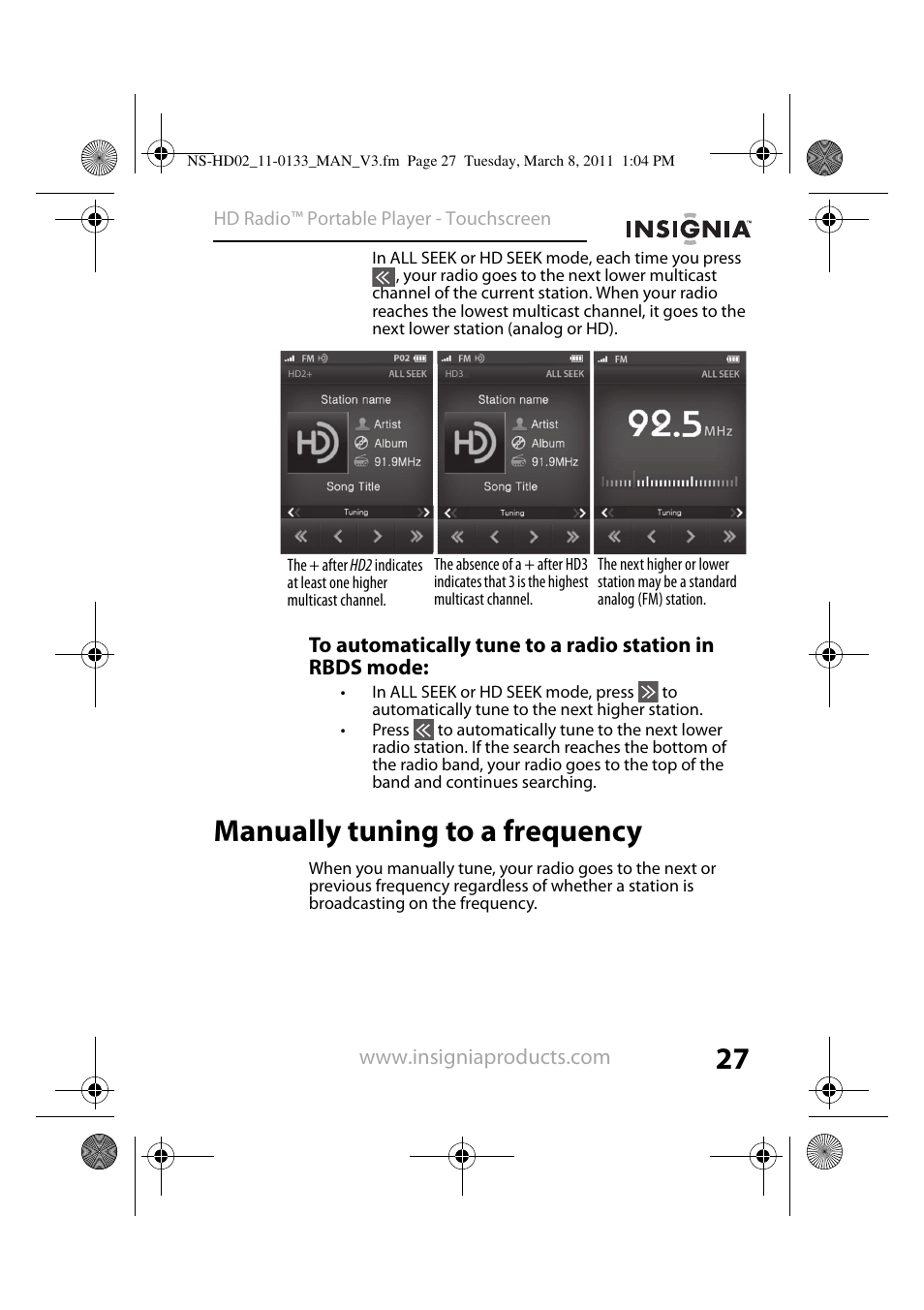 Manually tuning to a frequency | Insignia NS-HD02 User Manual | Page 27 / 52