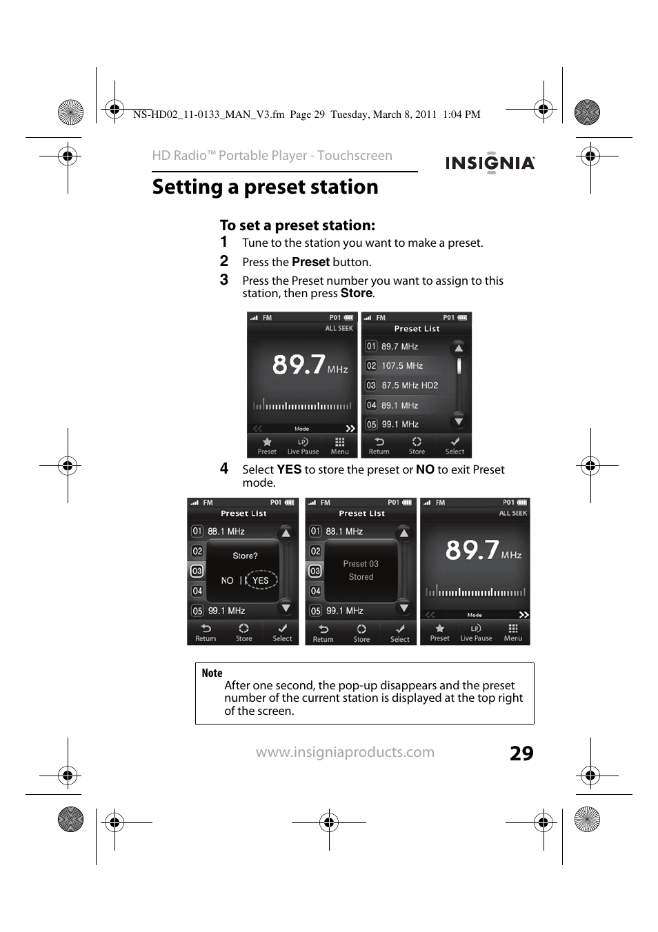 Setting a preset station, To set a preset station | Insignia NS-HD02 User Manual | Page 29 / 52