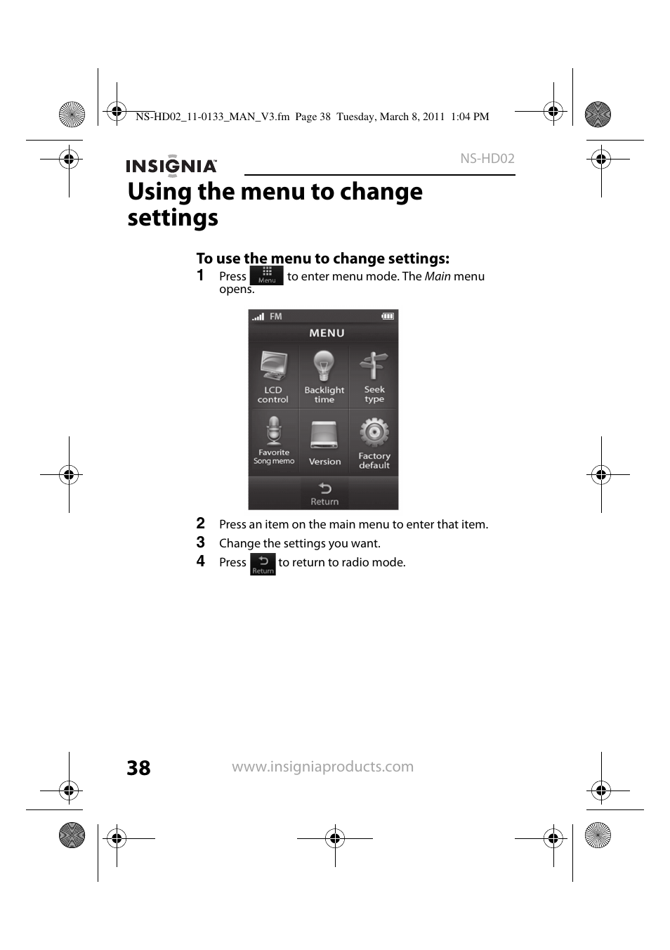 Using the menu to change settings, To use the menu to change settings | Insignia NS-HD02 User Manual | Page 38 / 52