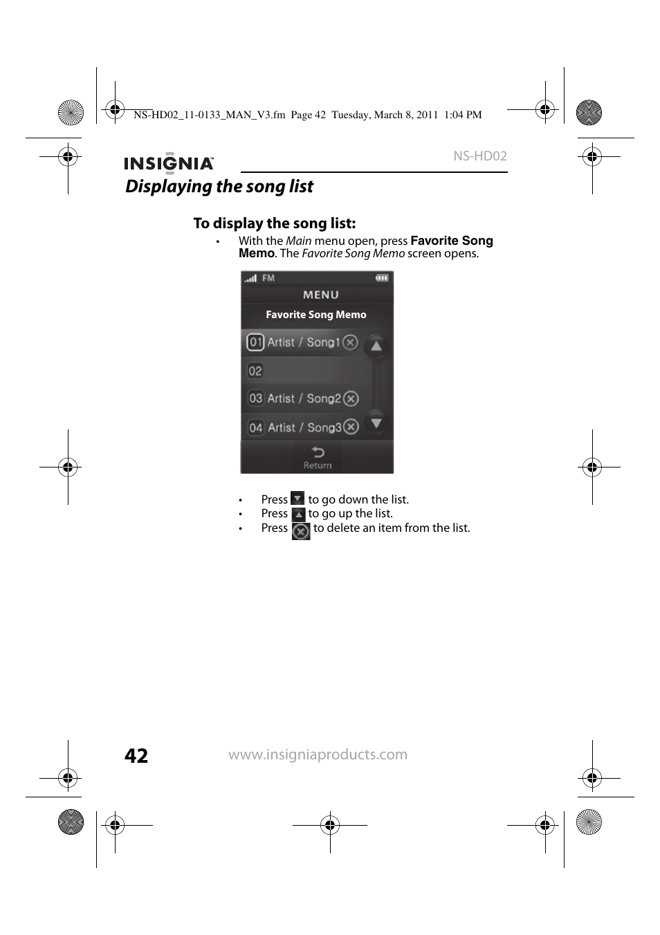 Displaying the song list, To display the song list | Insignia NS-HD02 User Manual | Page 42 / 52