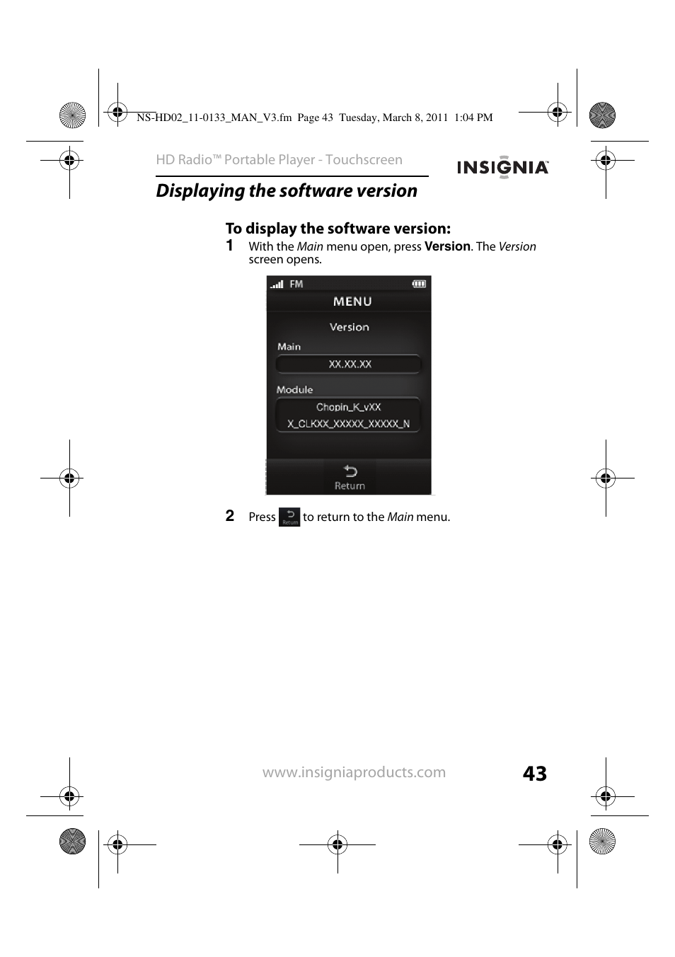 Displaying the software version, To display the software version | Insignia NS-HD02 User Manual | Page 43 / 52
