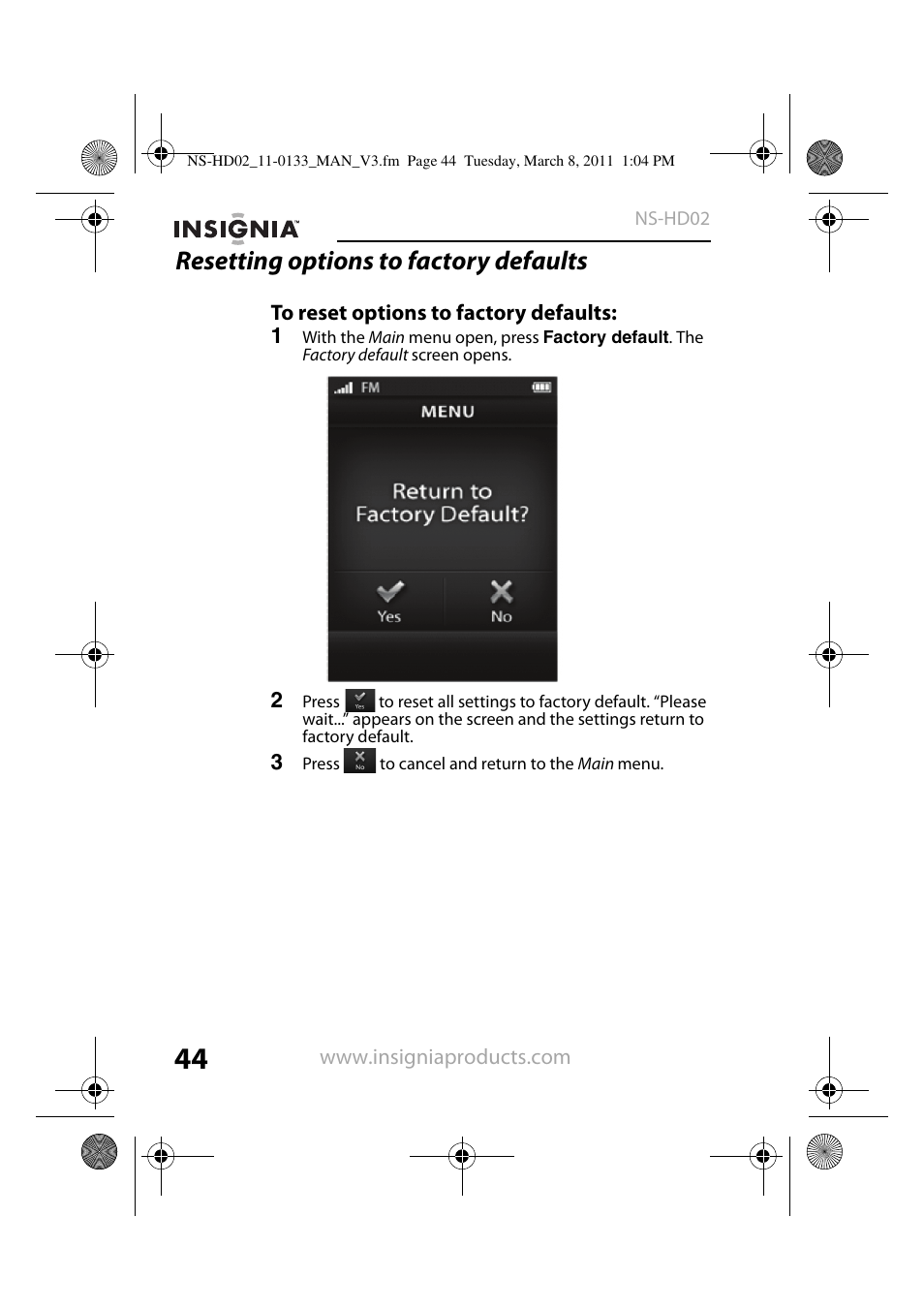 Resetting options to factory defaults, To reset options to factory defaults | Insignia NS-HD02 User Manual | Page 44 / 52