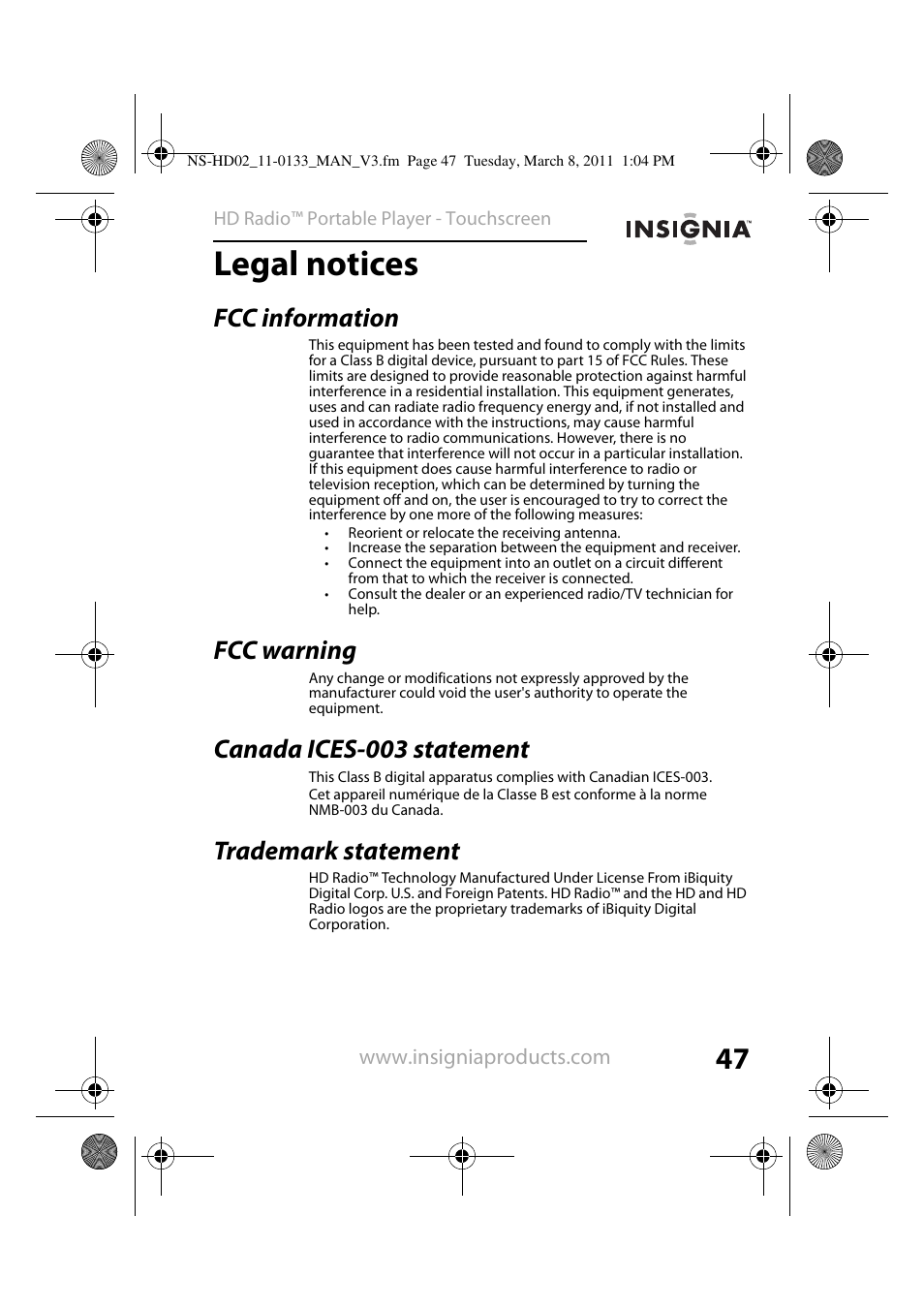 Legal notices, Fcc information, Fcc warning | Canada ices-003 statement, Trademark statement | Insignia NS-HD02 User Manual | Page 47 / 52
