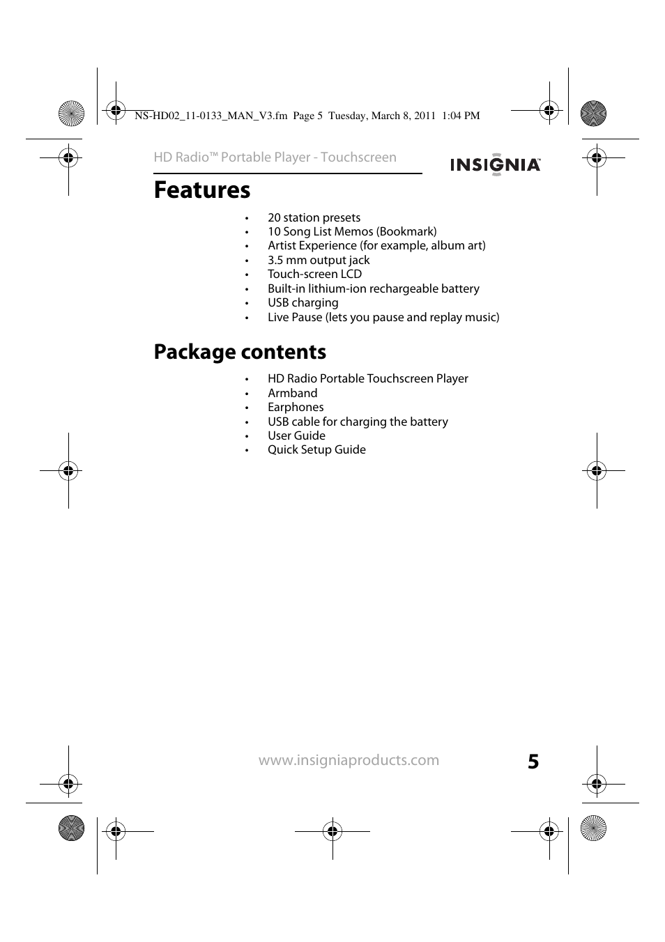 Features, Package contents | Insignia NS-HD02 User Manual | Page 5 / 52