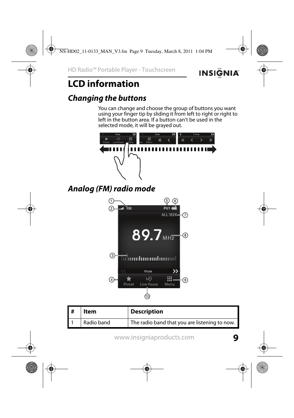 Lcd information, Changing the buttons, Analog (fm) radio mode | Insignia NS-HD02 User Manual | Page 9 / 52