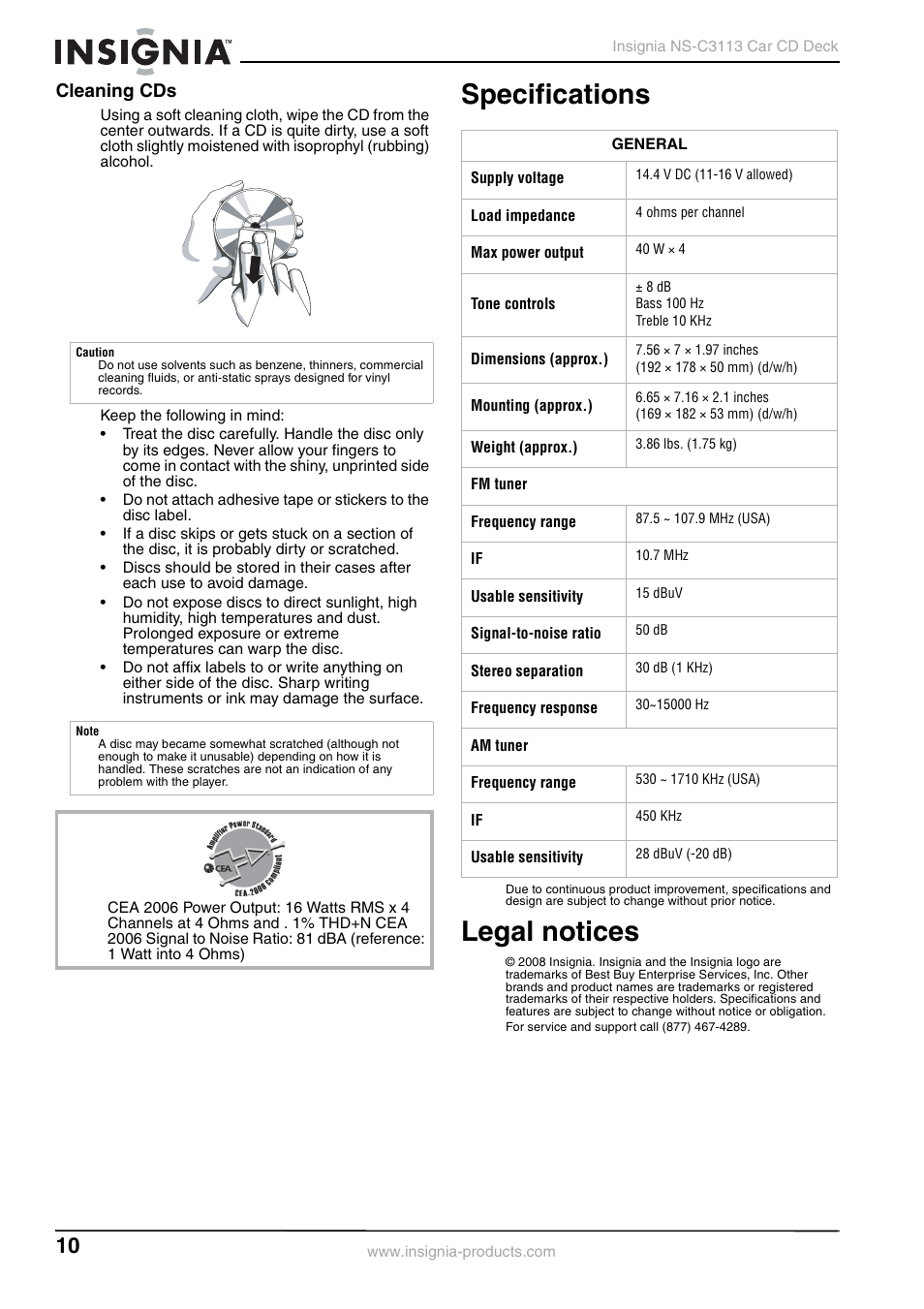Cleaning cds, Specifications, Legal notices | Specifications legal notices | Insignia NS-C3113 User Manual | Page 10 / 12